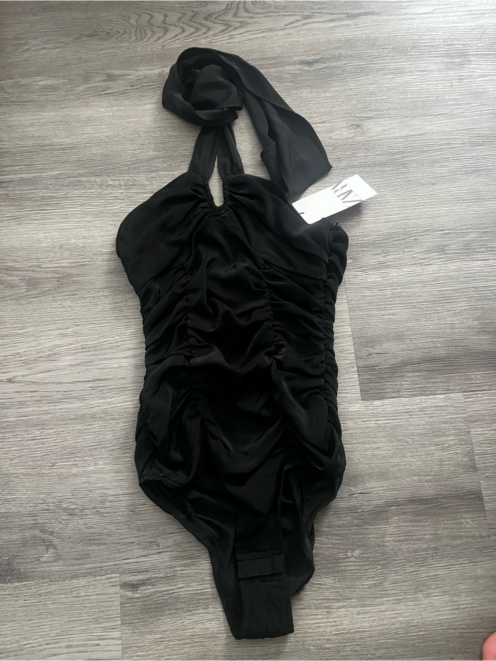 ZARA Black Ruched One-Piece Halter Bodysuit